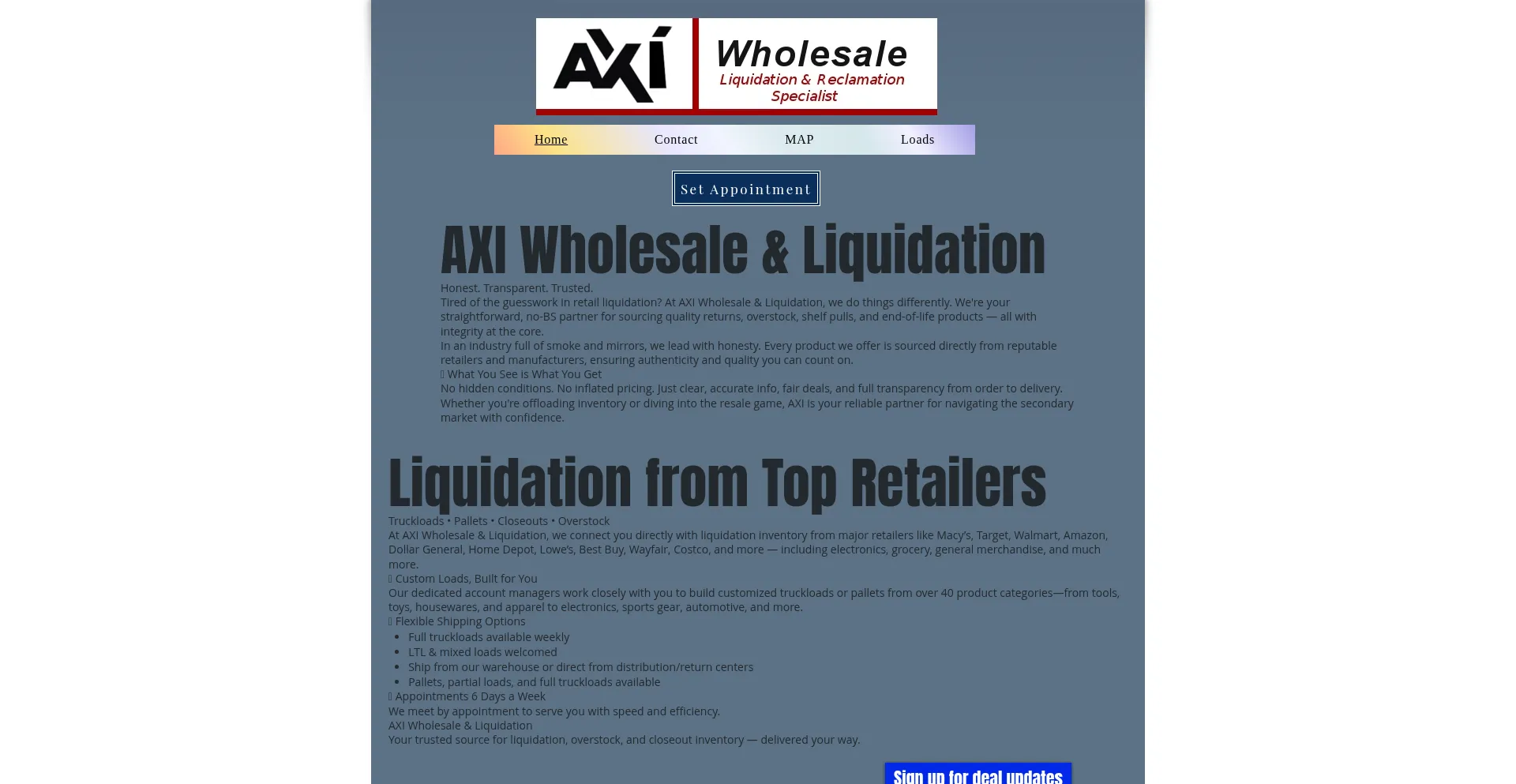 Website screenshot of Axiwholesale.com