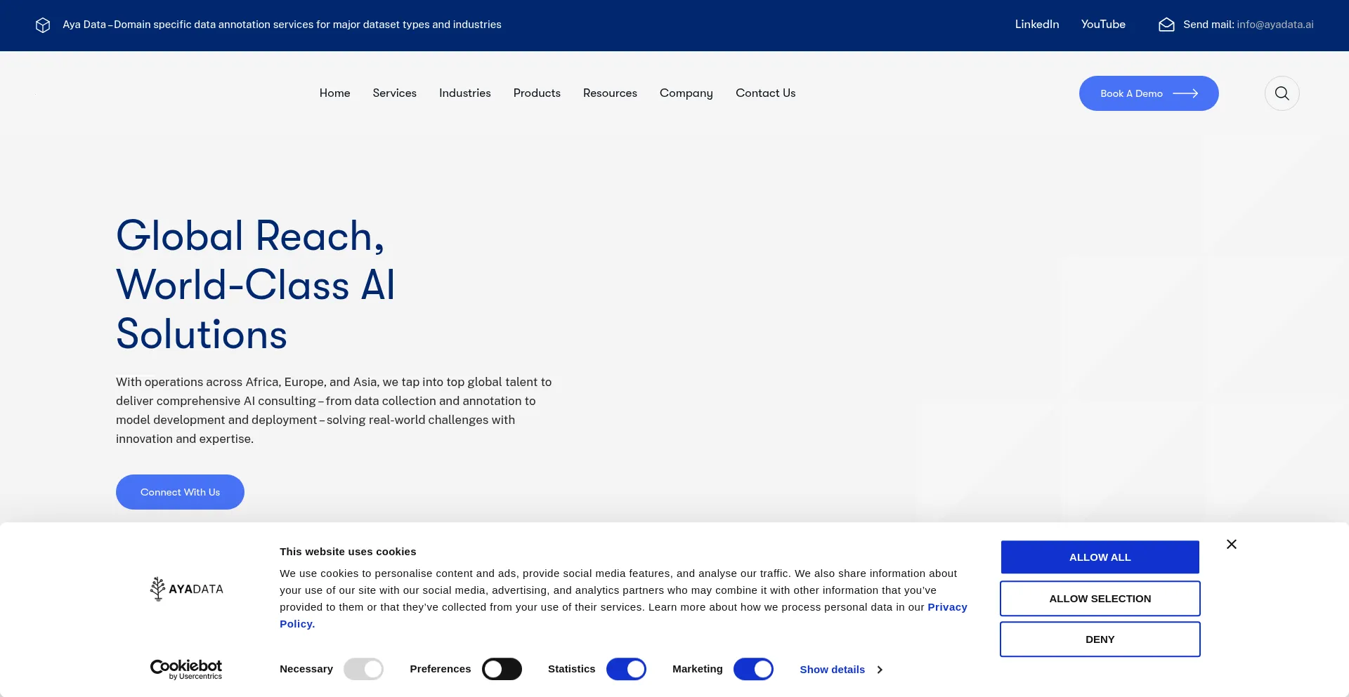 Website screenshot of Ayadata.ai