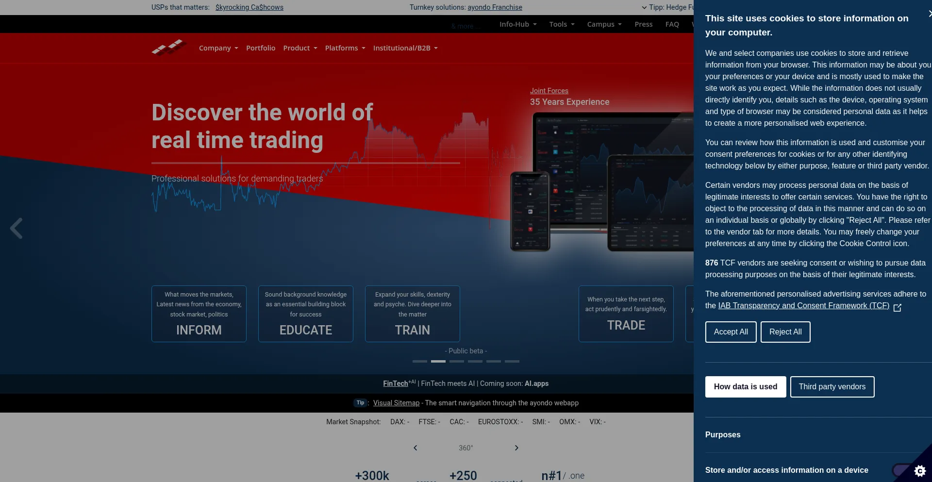 Website screenshot of Ayondo.com