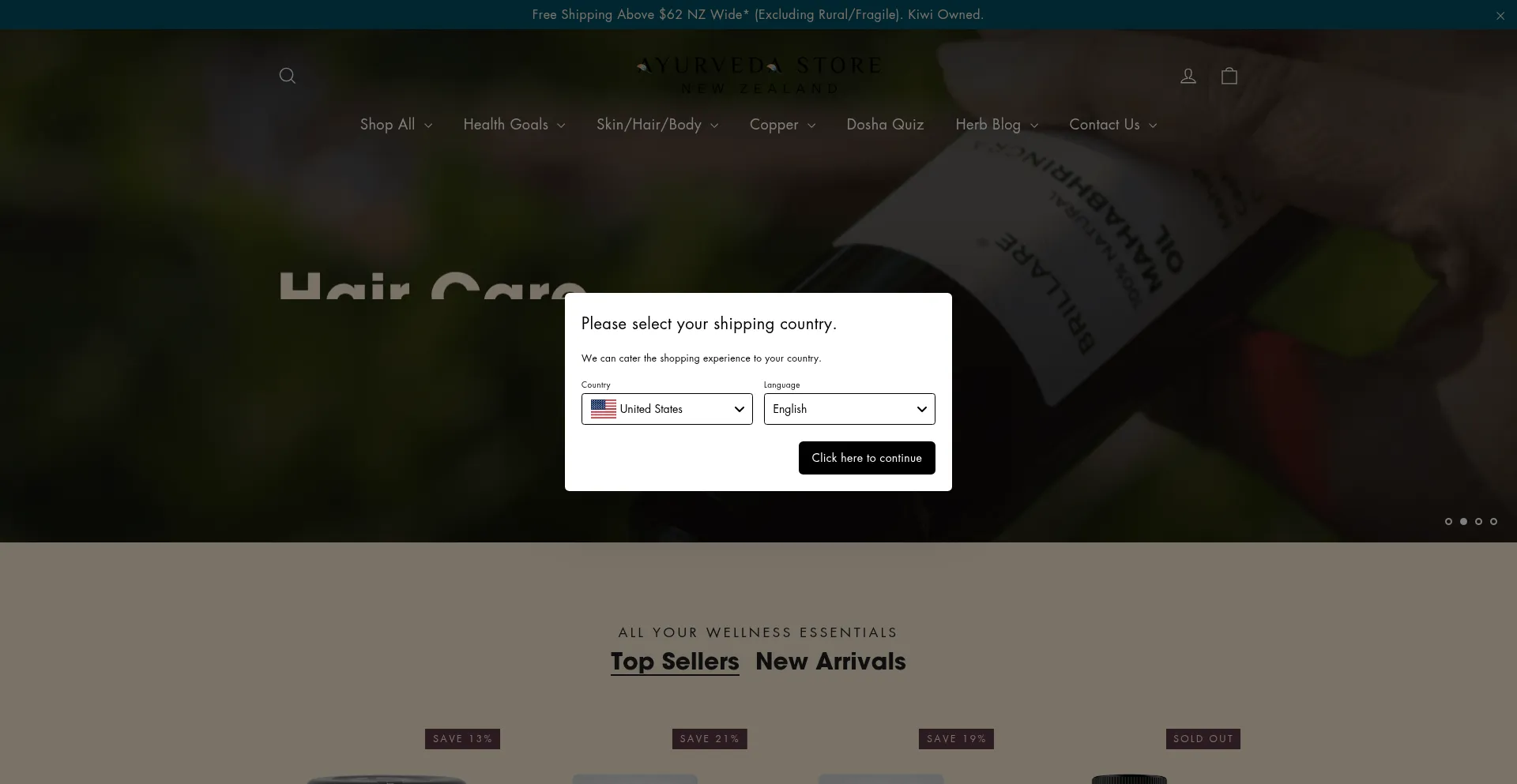 Website screenshot of Ayurvedastore.co.nz