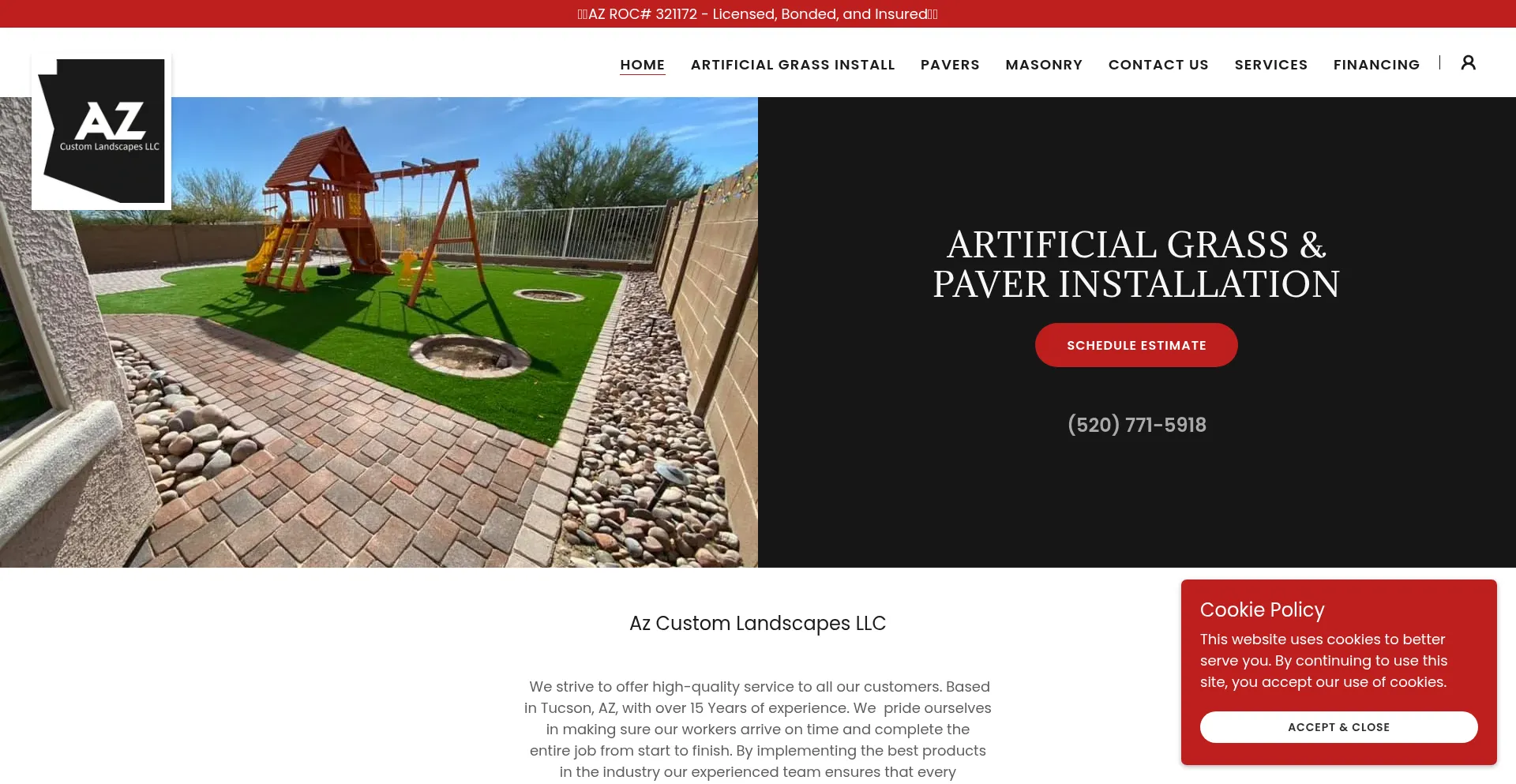 Website screenshot of Azcustomlandscapes.com