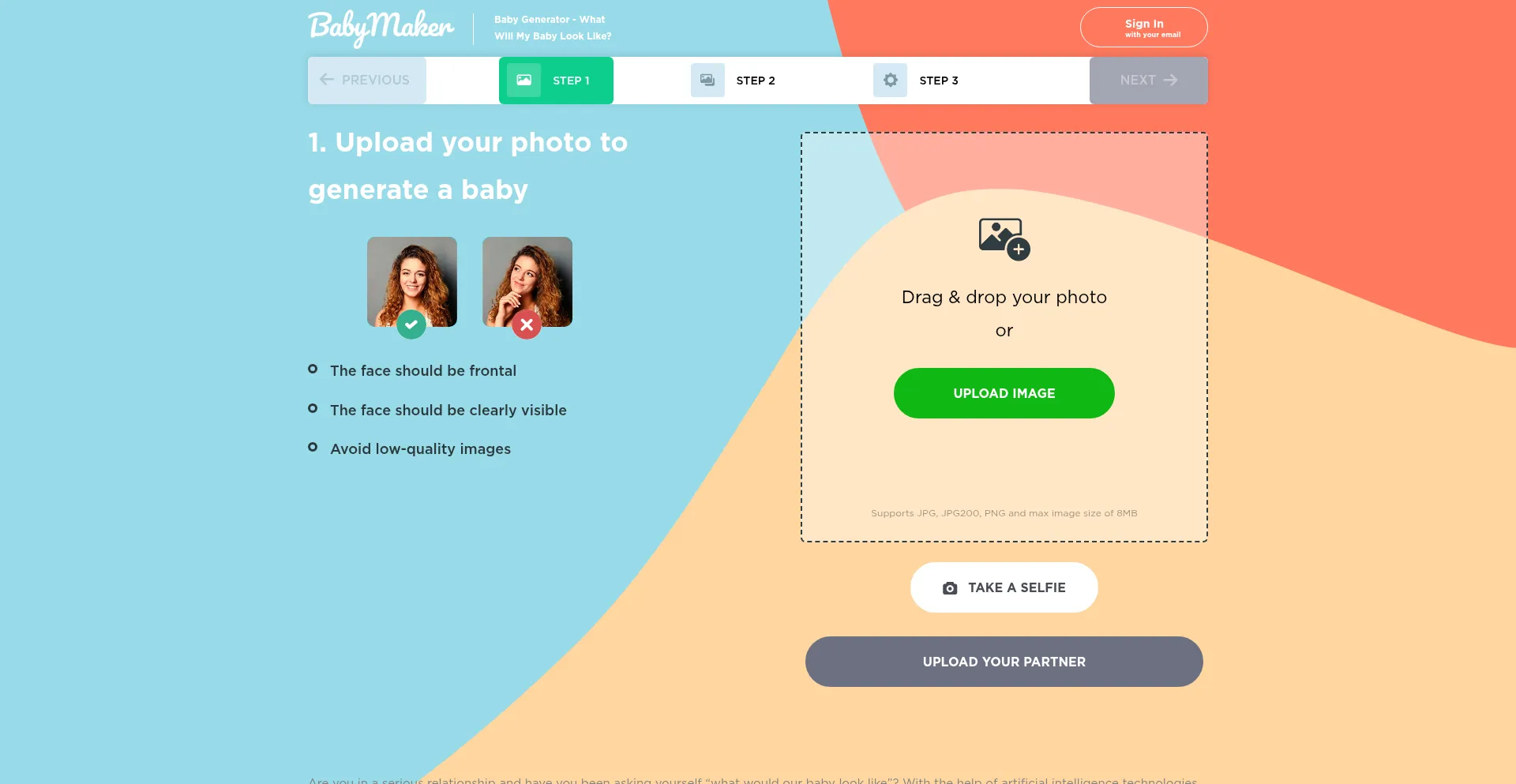 Website screenshot of Babyfacegenerator.com