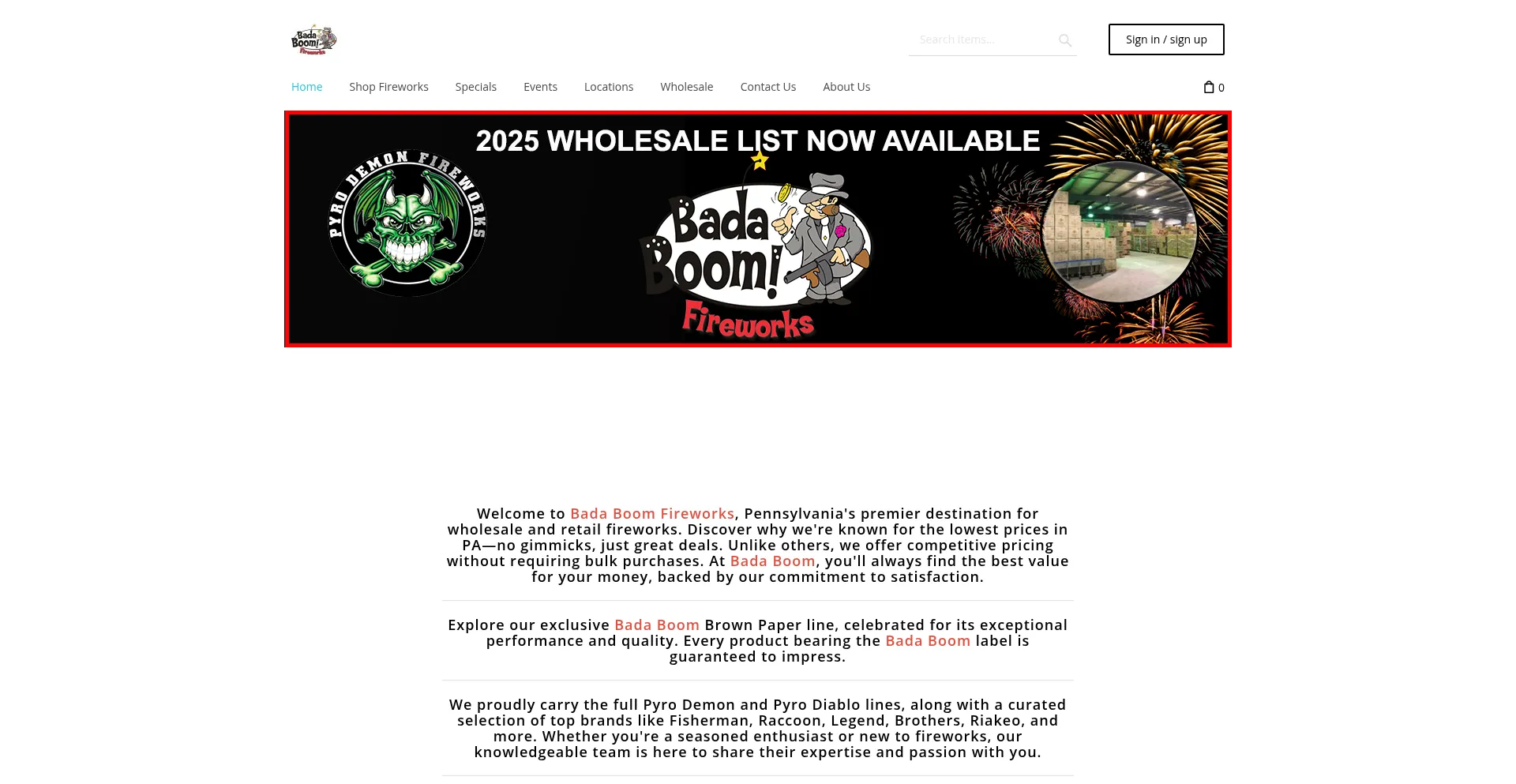 Website screenshot of Badaboomfireworkspa.com