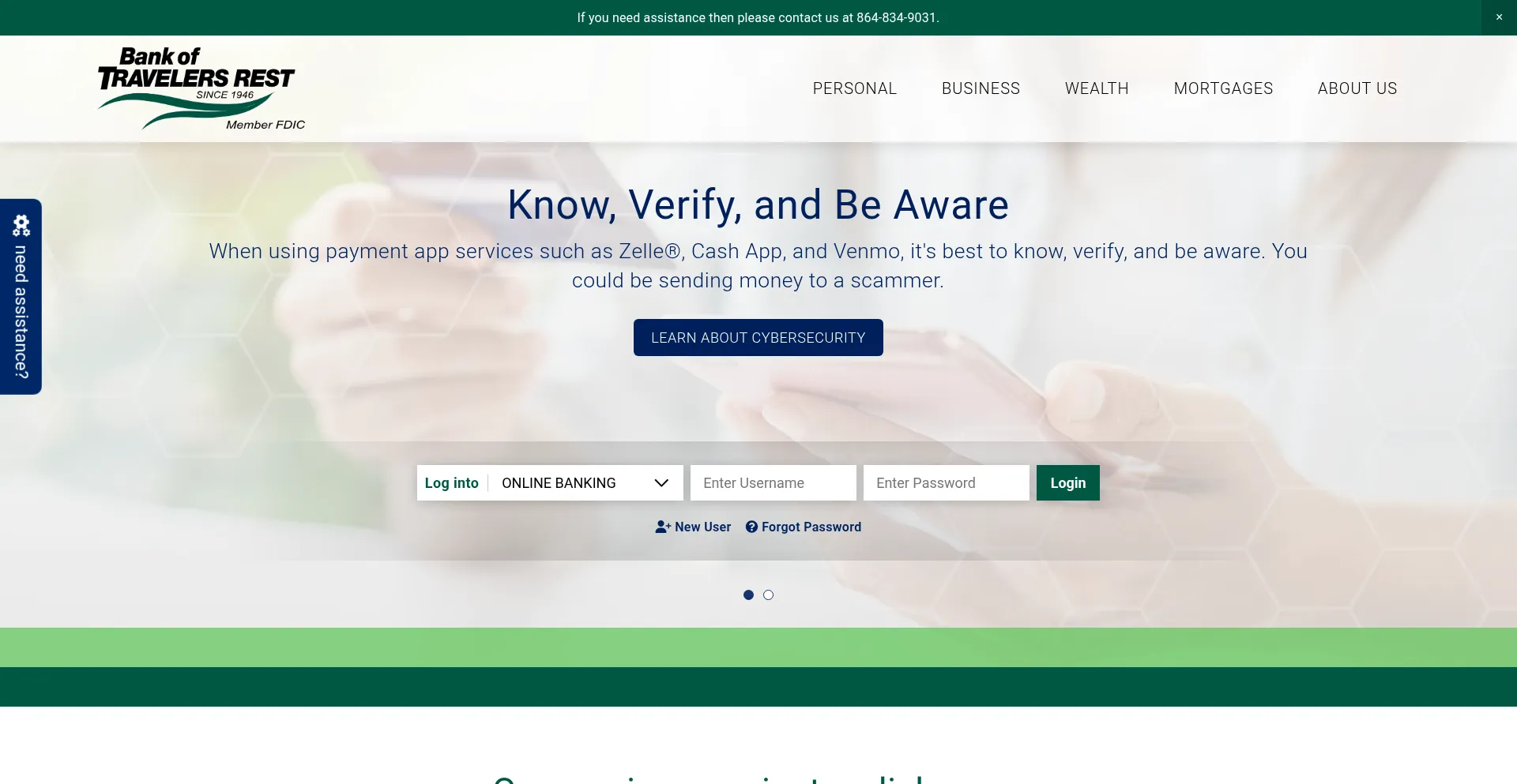 Website screenshot of Bankoftravelersrest.com