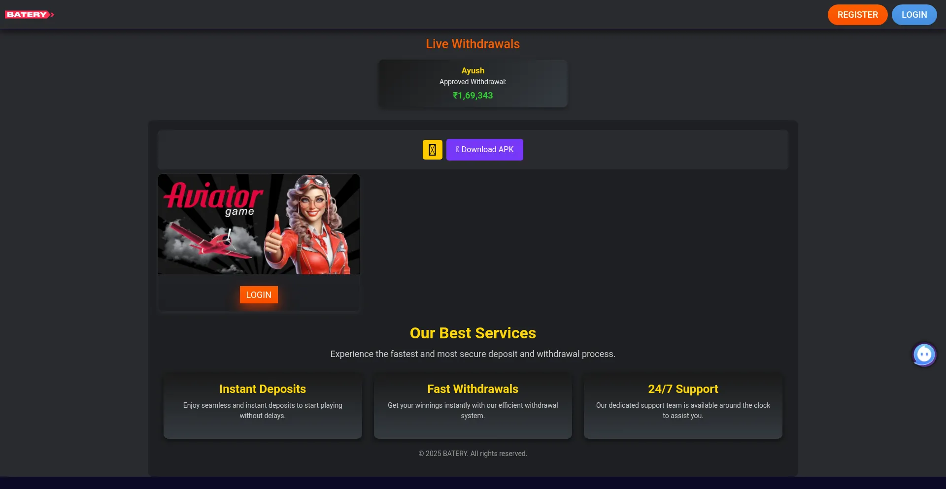 Website screenshot of Batery-aviator.site