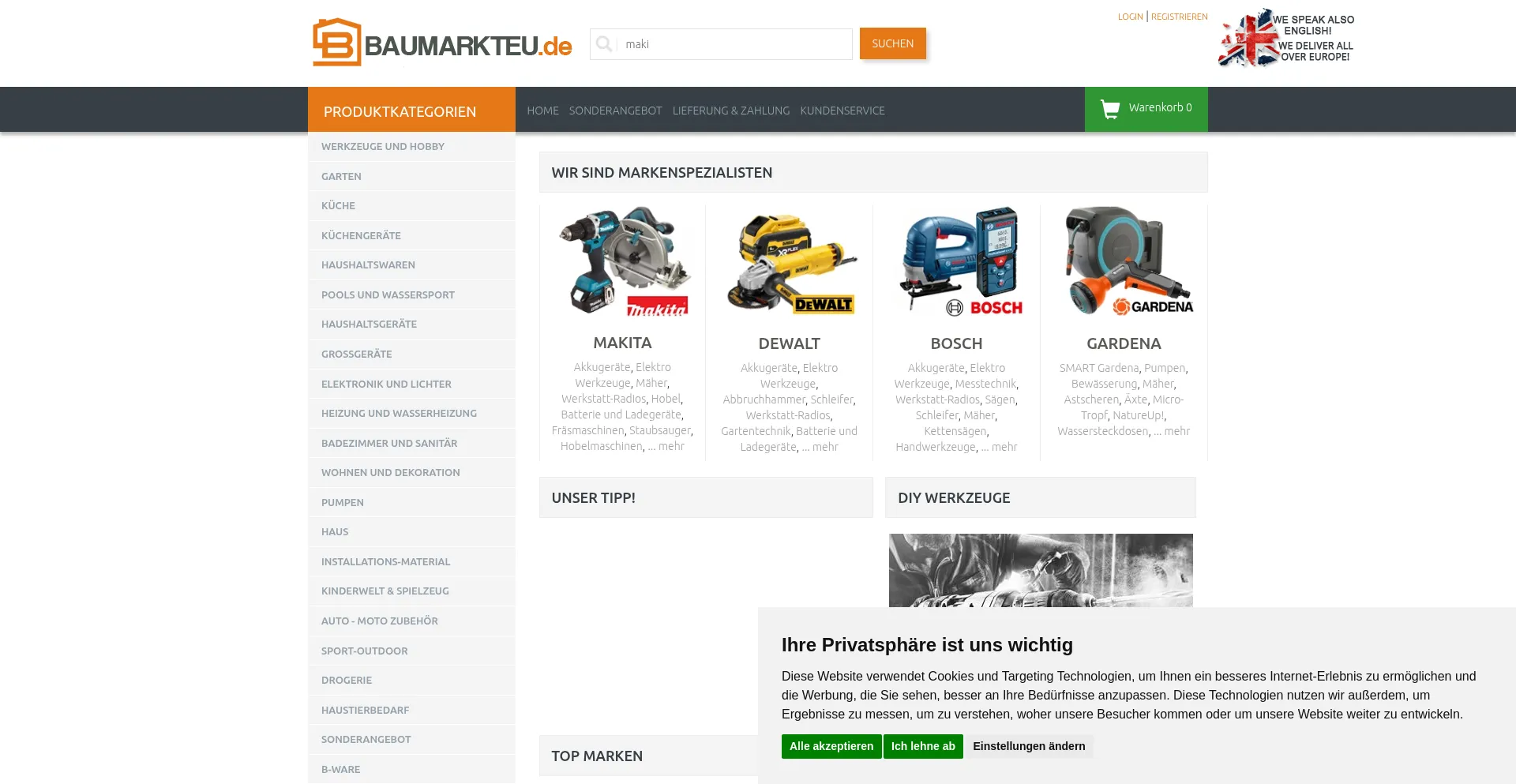 Website screenshot of Baumarkteu.de