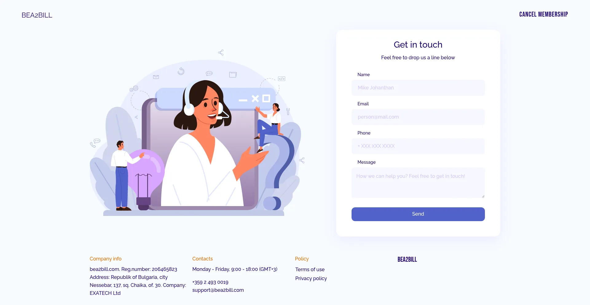 Website screenshot of Bea2bill.com