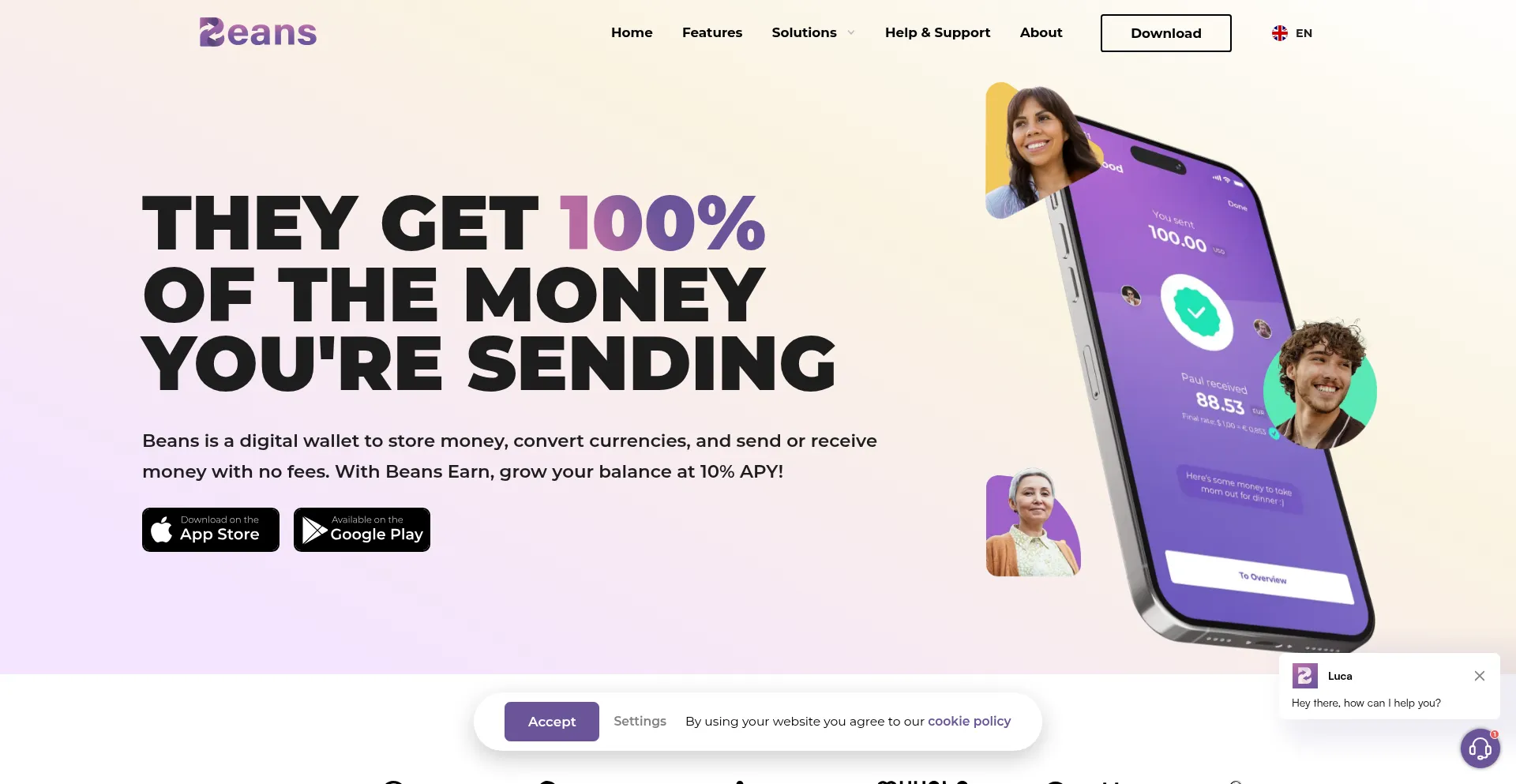 Website screenshot of Beansapp.com