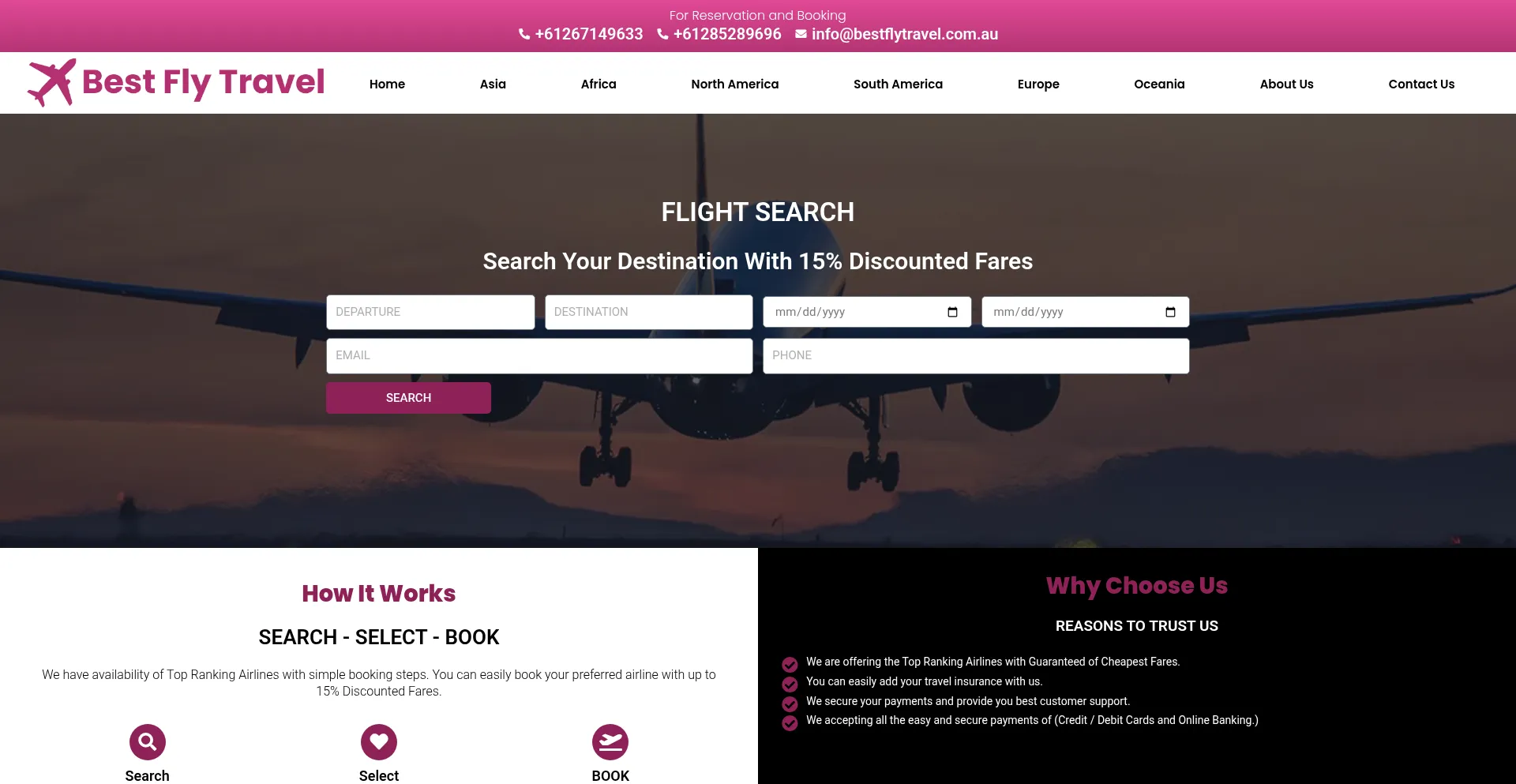 Website screenshot of Bestflytravel.com.au
