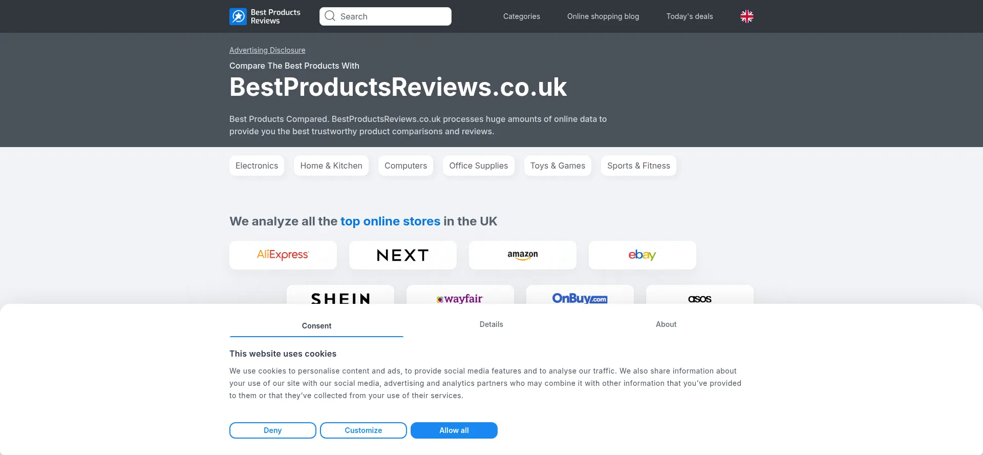 Website screenshot of Bestproductsreviews.co.uk