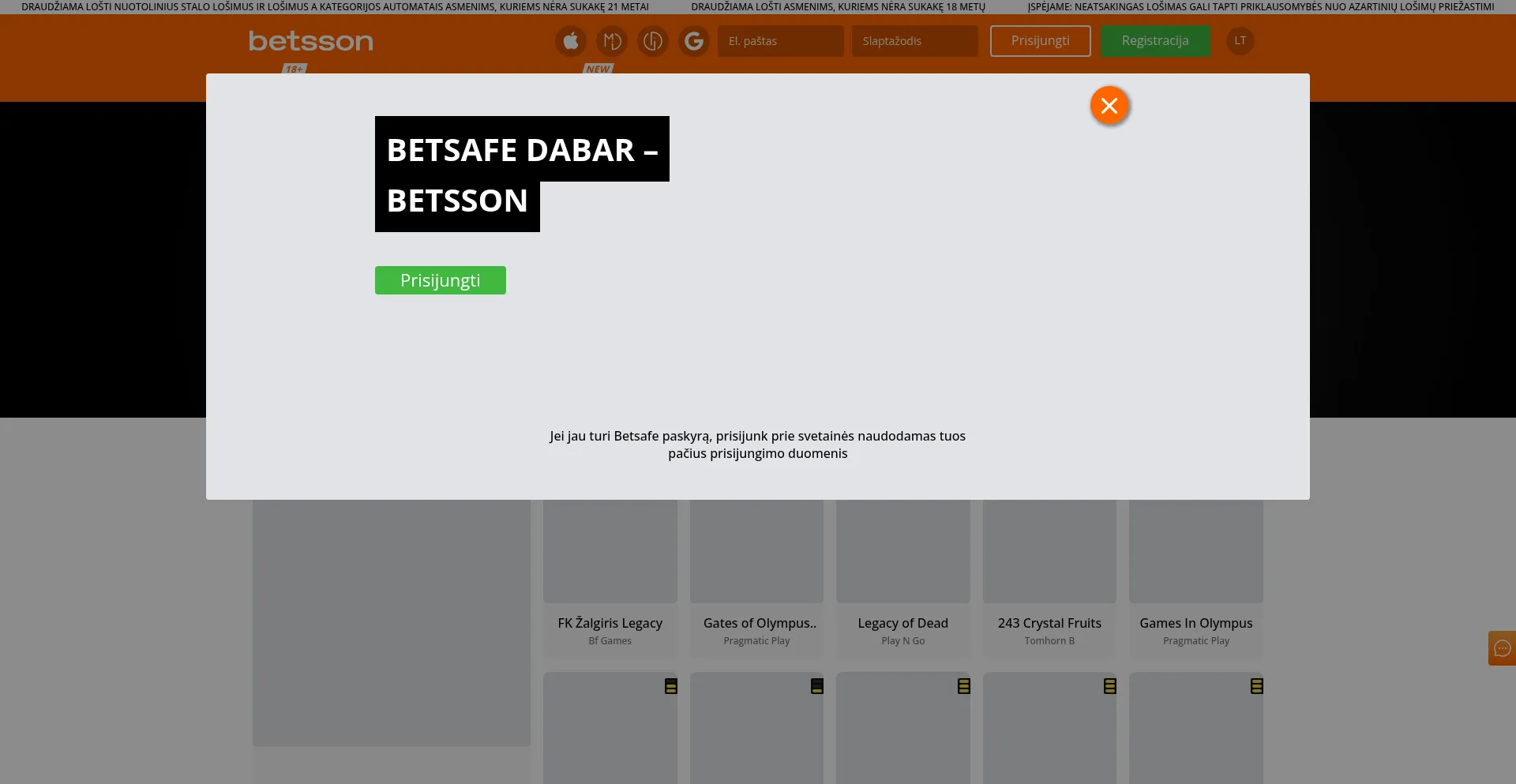 Website screenshot of Betsson.lt