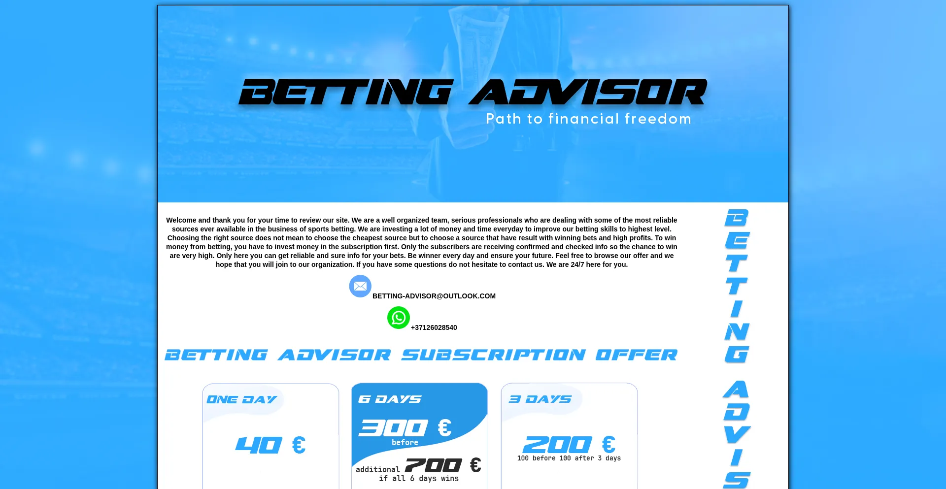 Website screenshot of Bettingadvisor.net