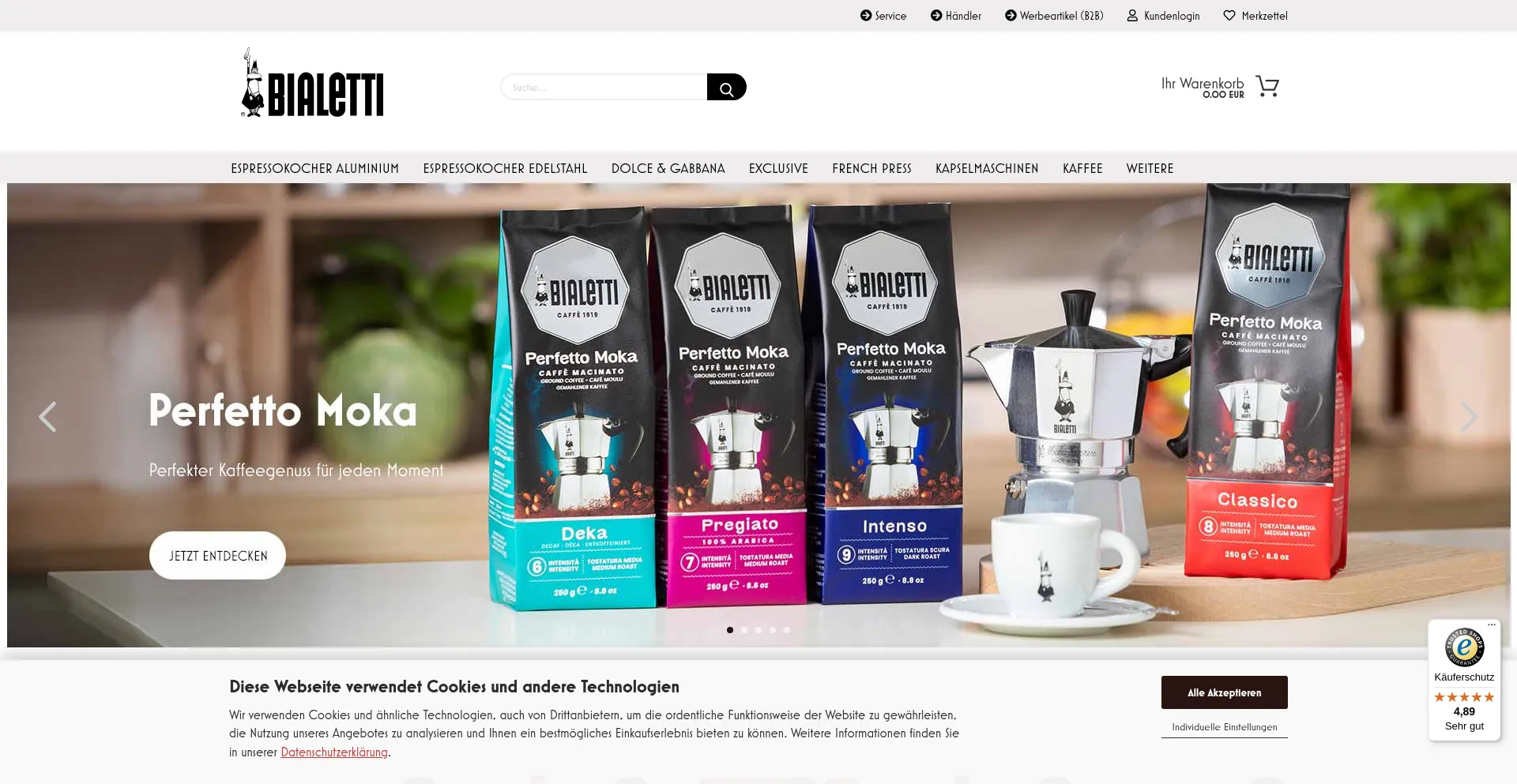 Website screenshot of Bialetti-shop.de