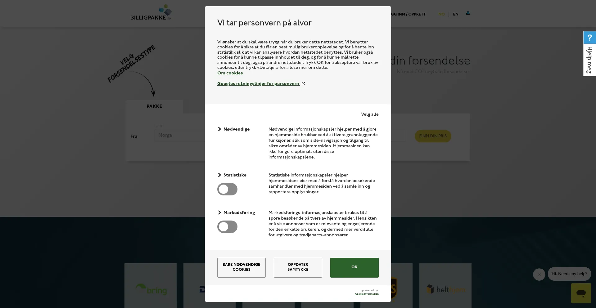 Website screenshot of Billigpakke.no