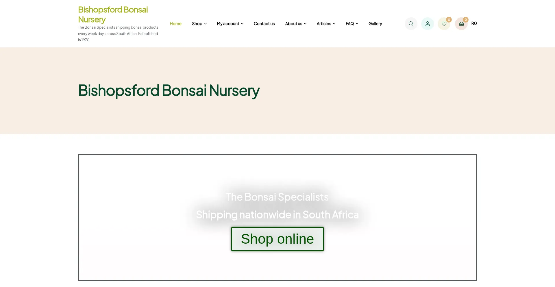 Website screenshot of Bishopsfordbonsai.co.za