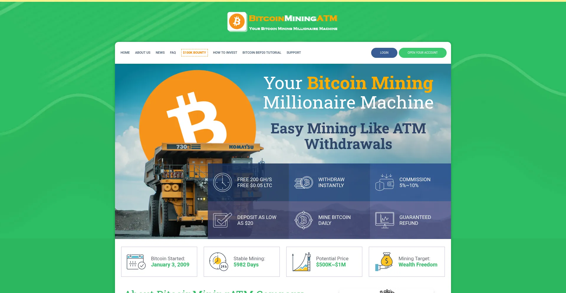Website screenshot of Bitcoinminingatm.com