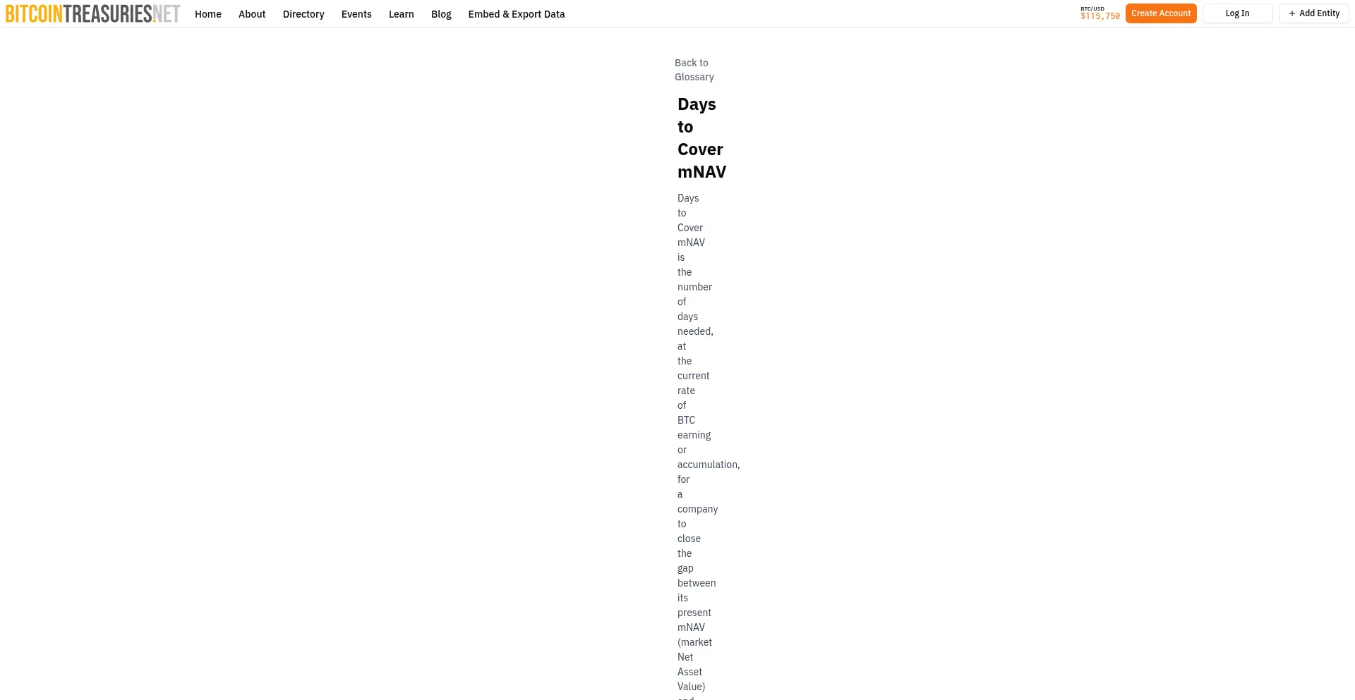 Website screenshot of Bitcoinmnav.net