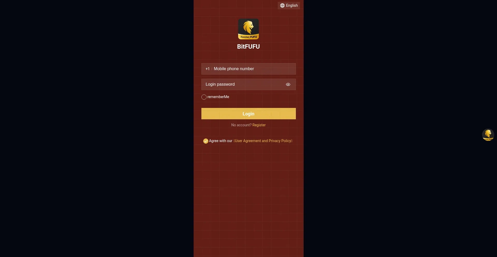 Website screenshot of Bitfufu.cc