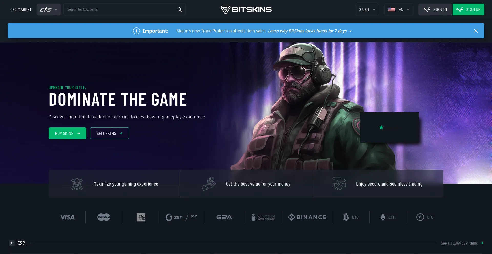 Website screenshot of Bitskins.com