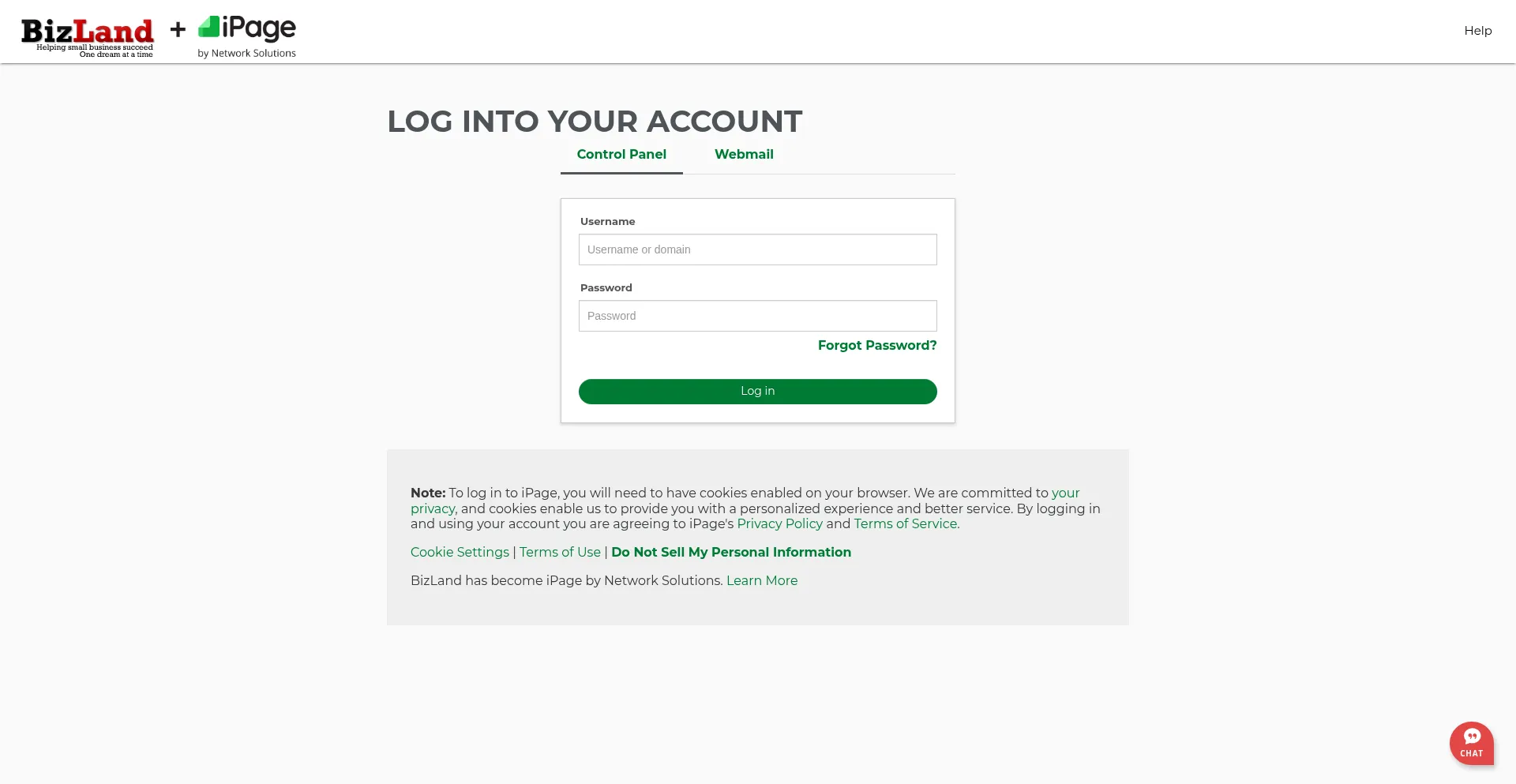Website screenshot of Bizland.com