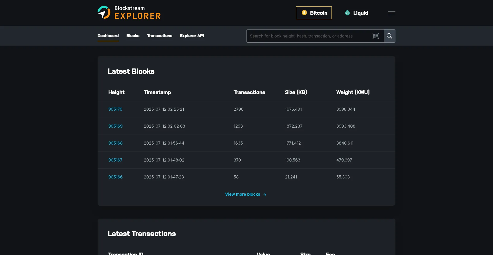 Website screenshot of Blockstream.info