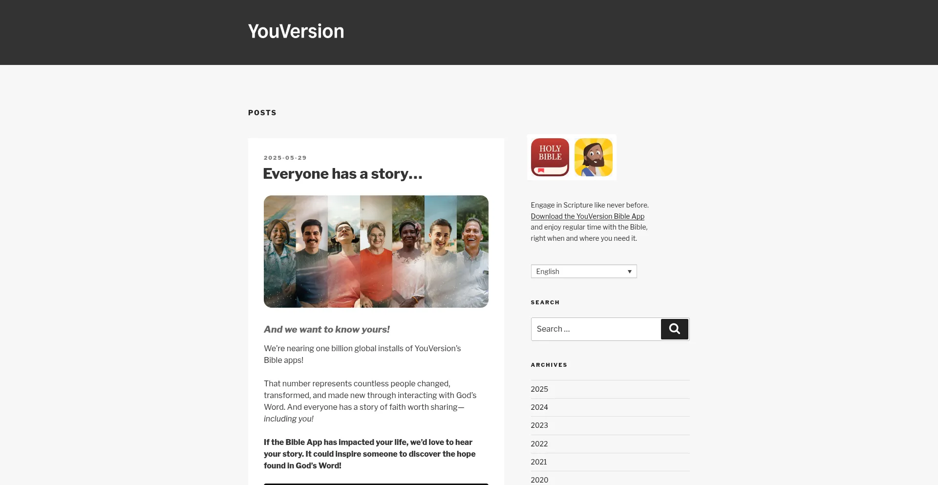 Website screenshot of Blog.youversion.com