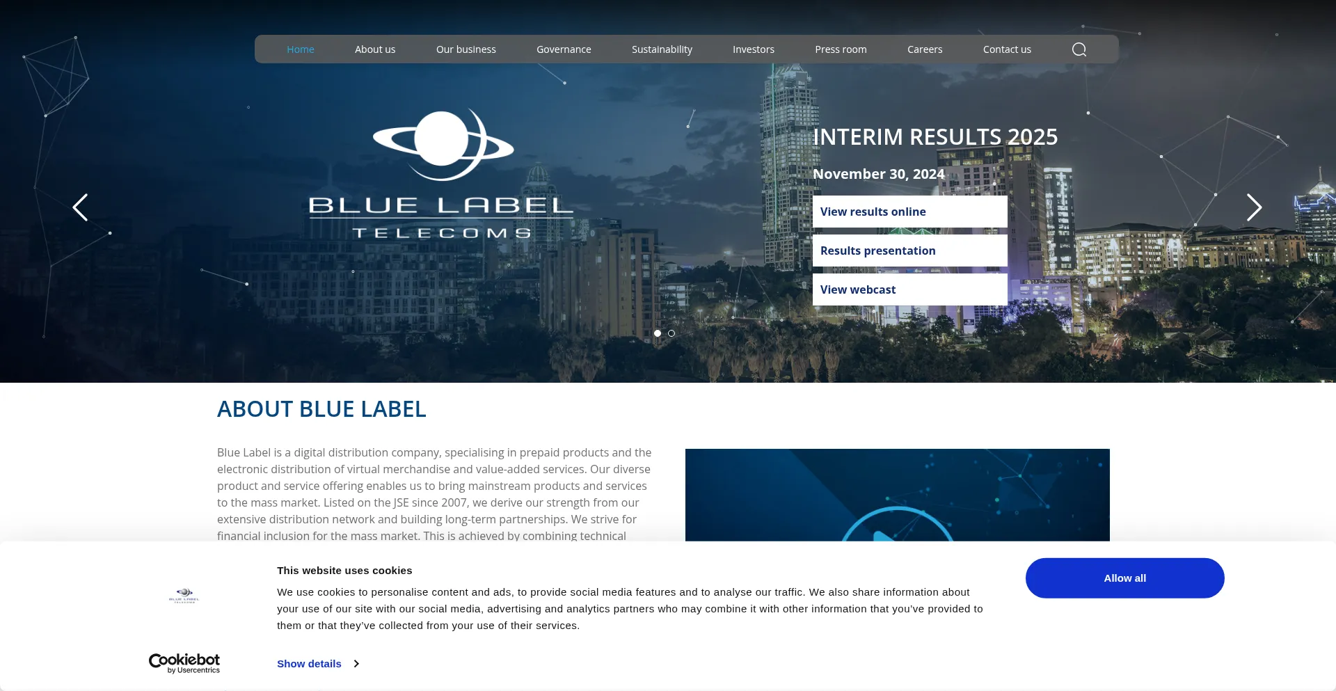 Website screenshot of Bluelabeltelecoms.co.za
