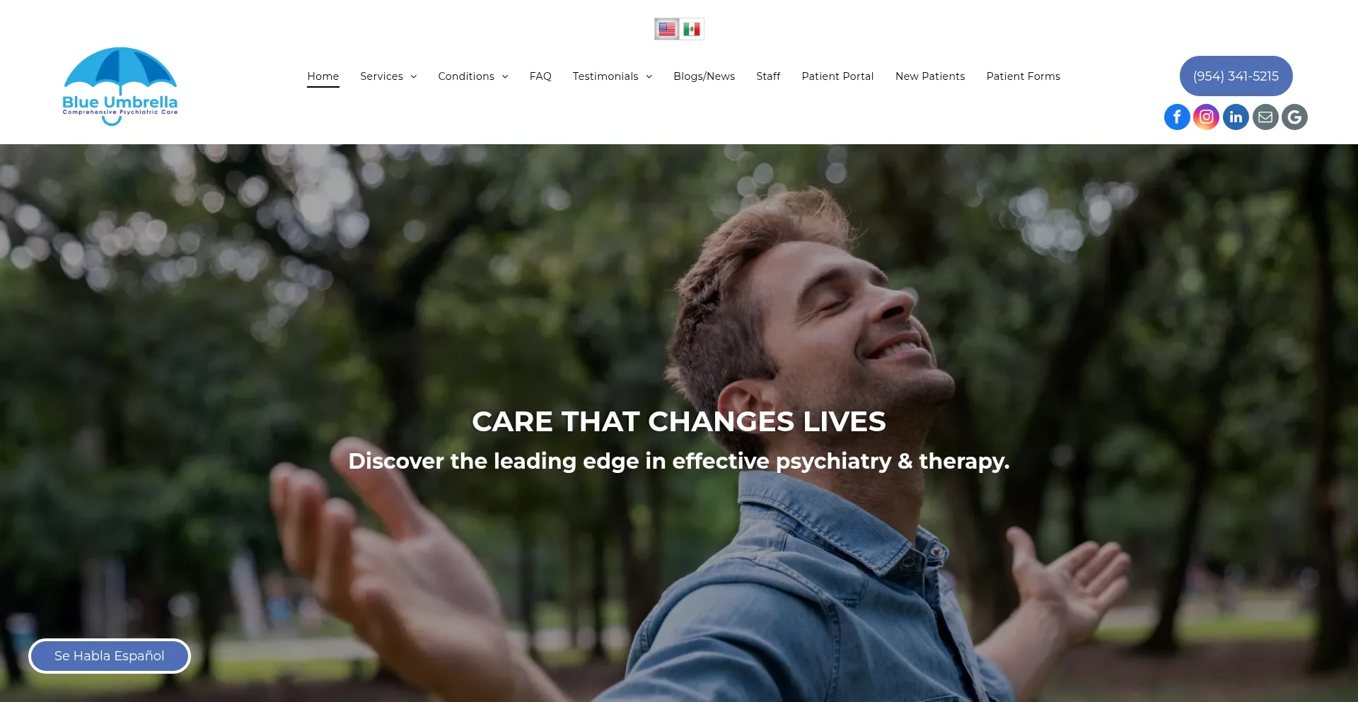 Website screenshot of Blueumbrellapsychiatry.com