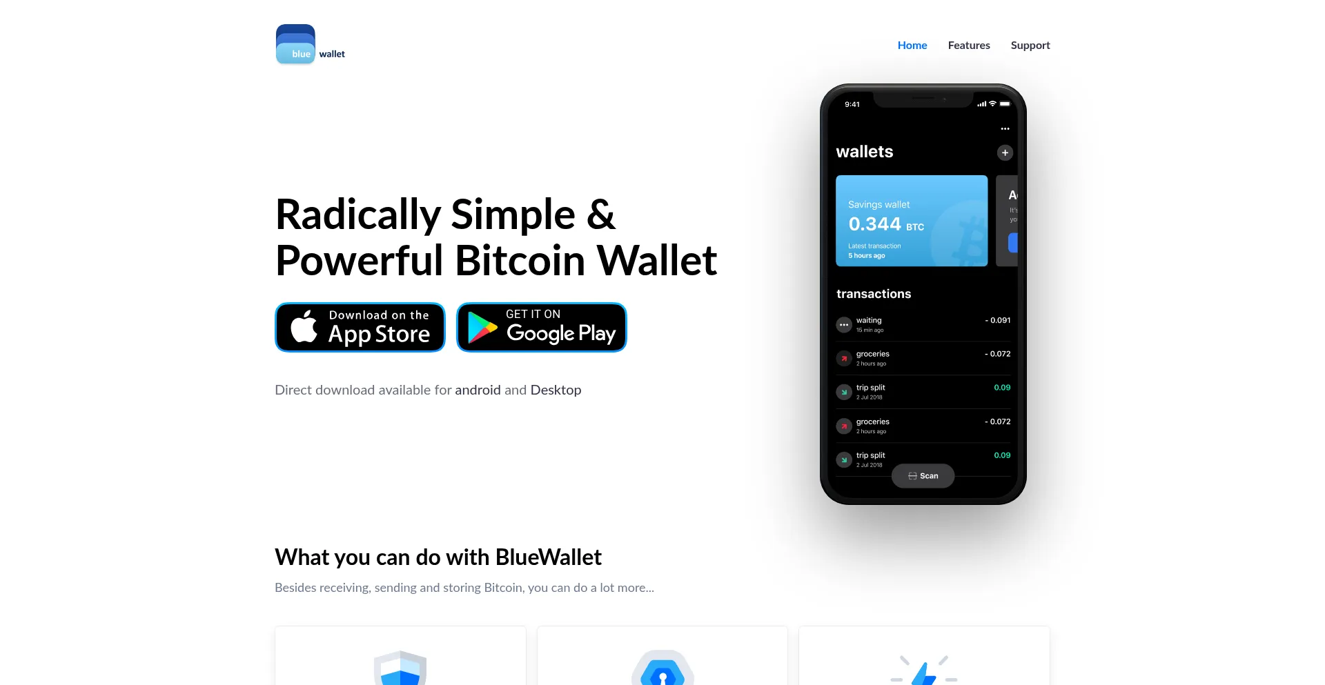 Website screenshot of Bluewallet.io