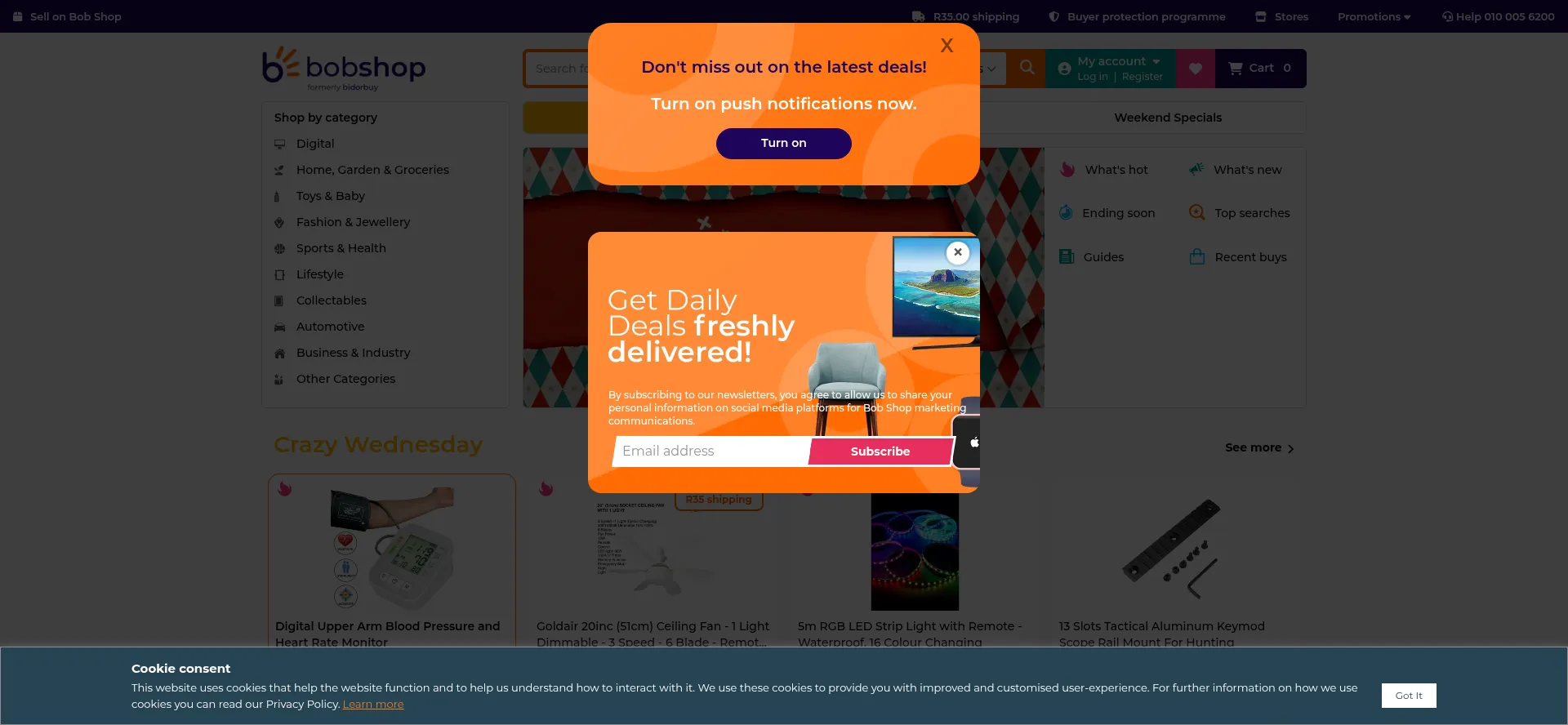Website screenshot of Bobshop.co.za