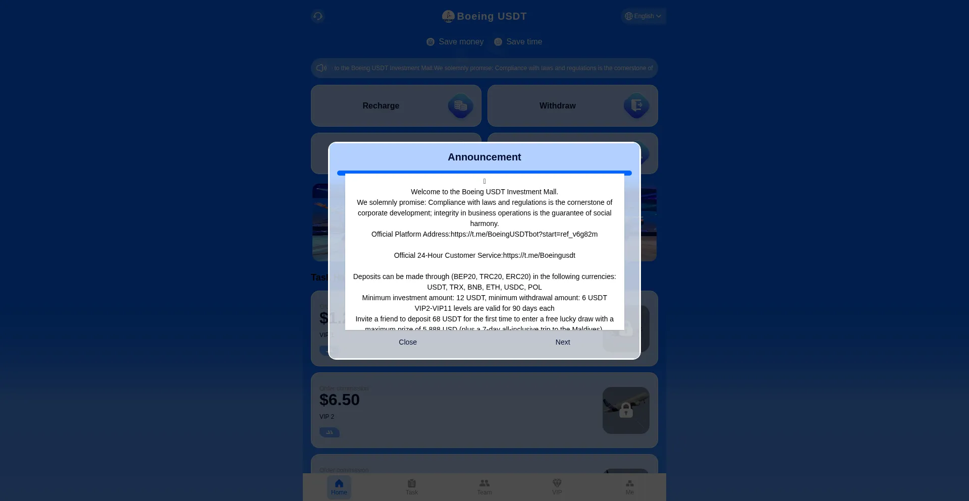Website screenshot of Boeingvip.net