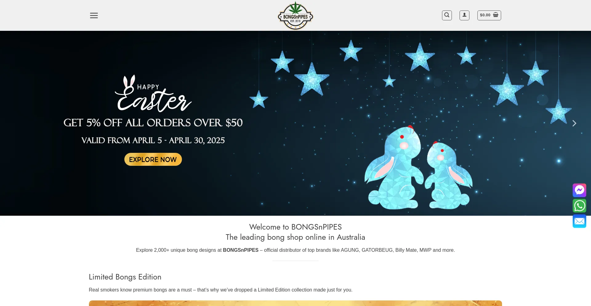 Website screenshot of Bongsnpipes.au