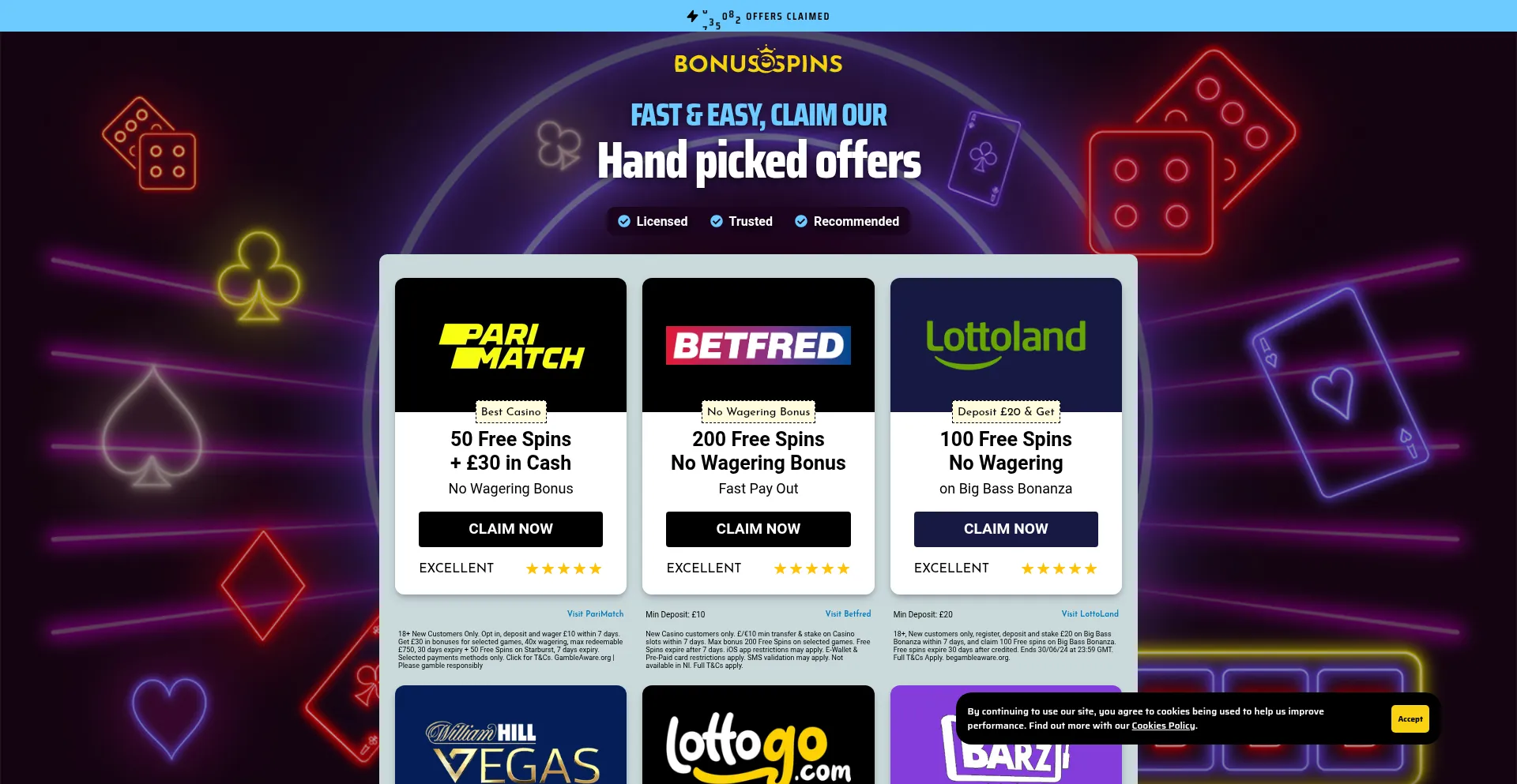 Website screenshot of Bonusandspins.com