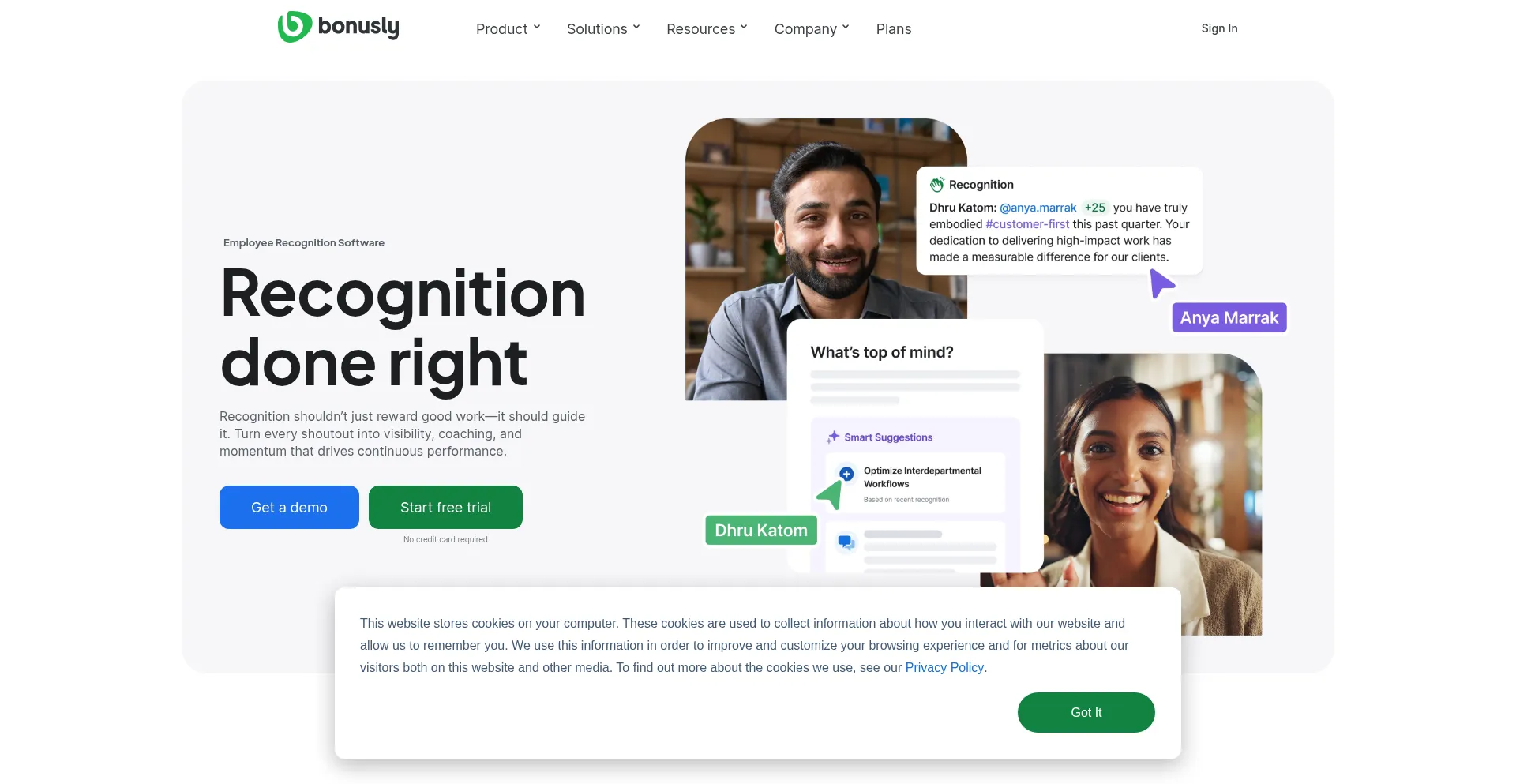 Website screenshot of Bonusly.com