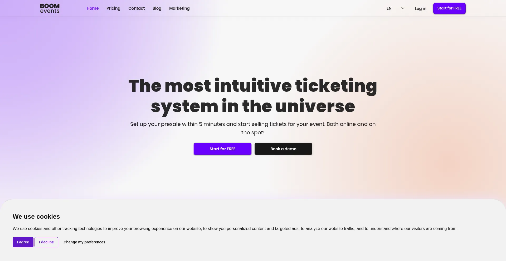 Website screenshot of Boomevents.org