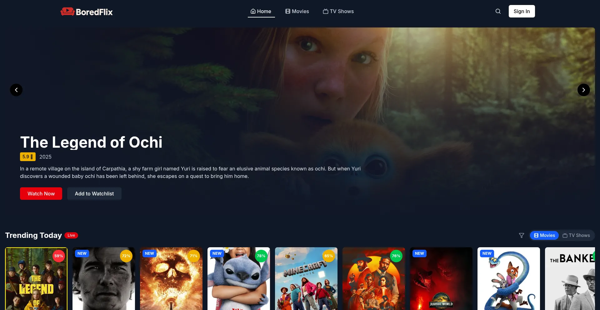 Website screenshot of Boredflix.com