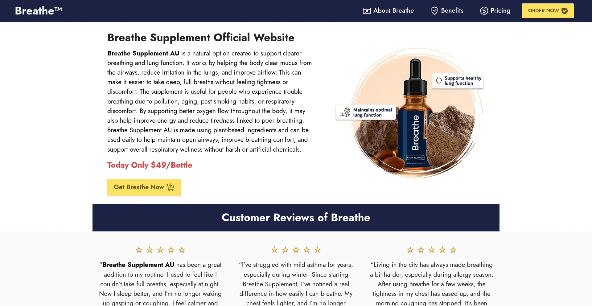 Website screenshot of Breathesupplement.au