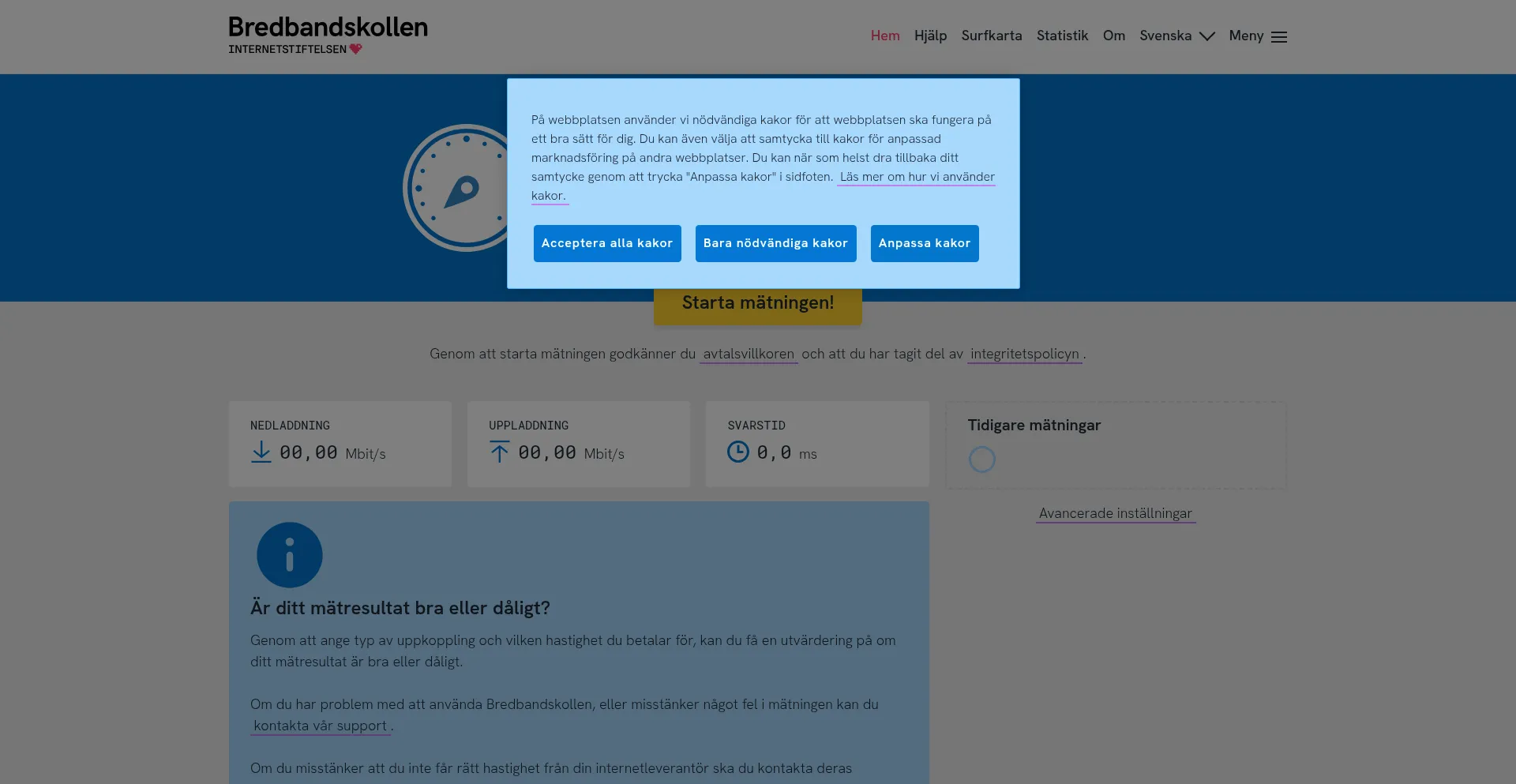 Website screenshot of Bredbandskollen.se