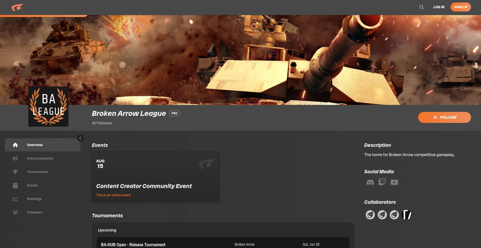 Website screenshot of Brokenarrow.challonge.com