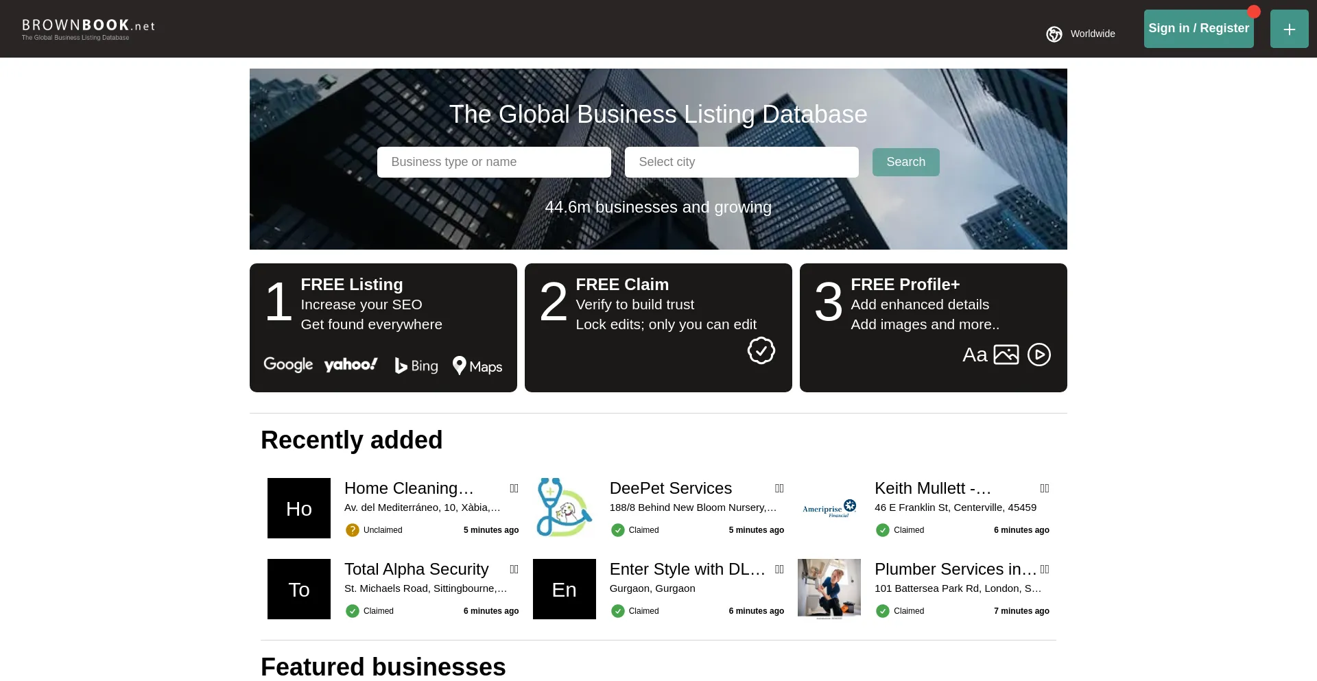 Website screenshot of Brownbook.net