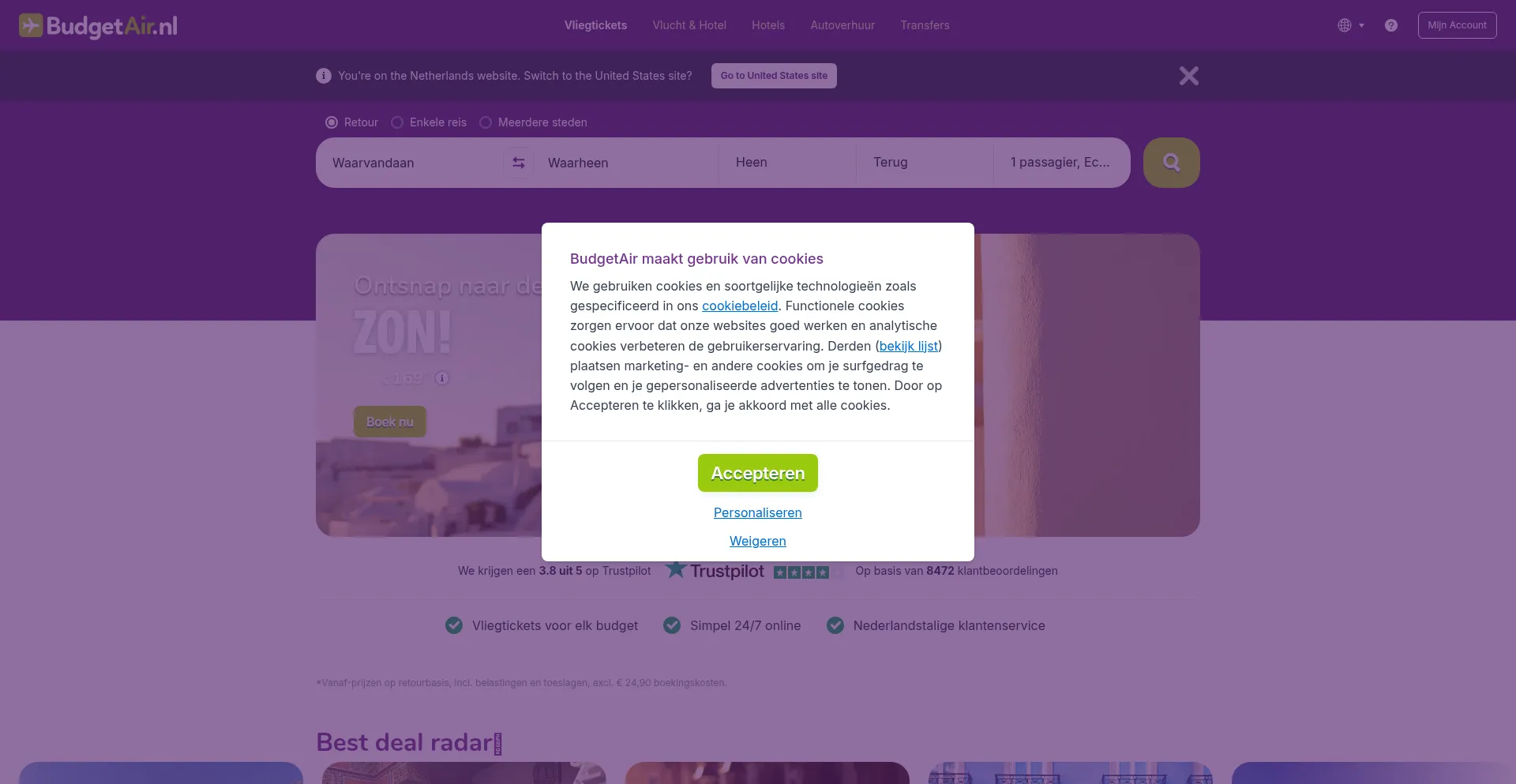 Website screenshot of Budgetair.nl