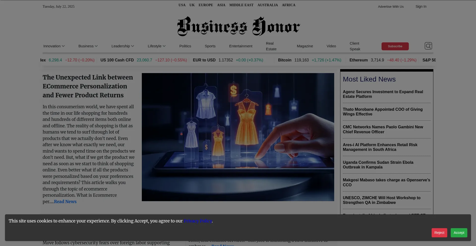 Website screenshot of Businesshonor.com