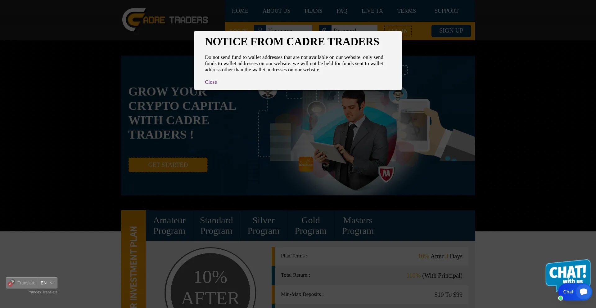 Website screenshot of Cadre-traders.com