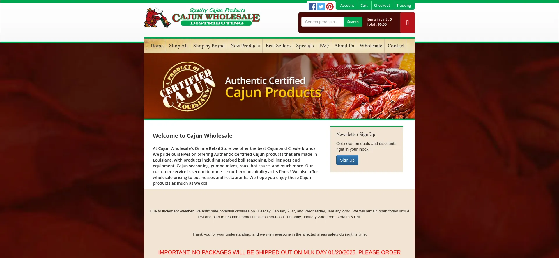 Website screenshot of Cajunwholesale.com