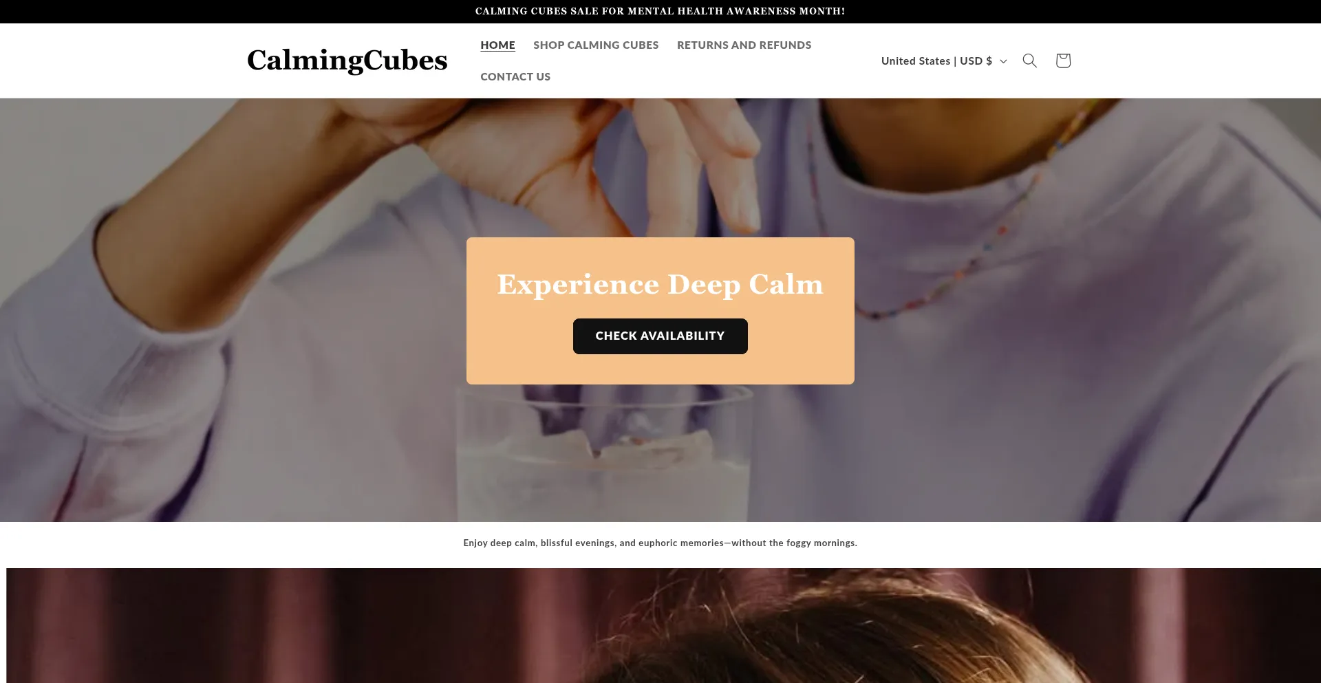 Website screenshot of Calmingcubes.com