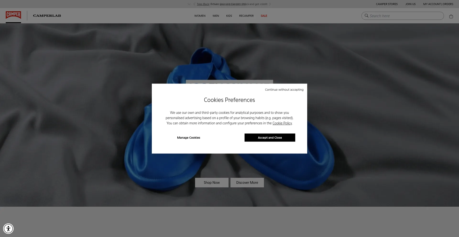 Website screenshot of Camper.com