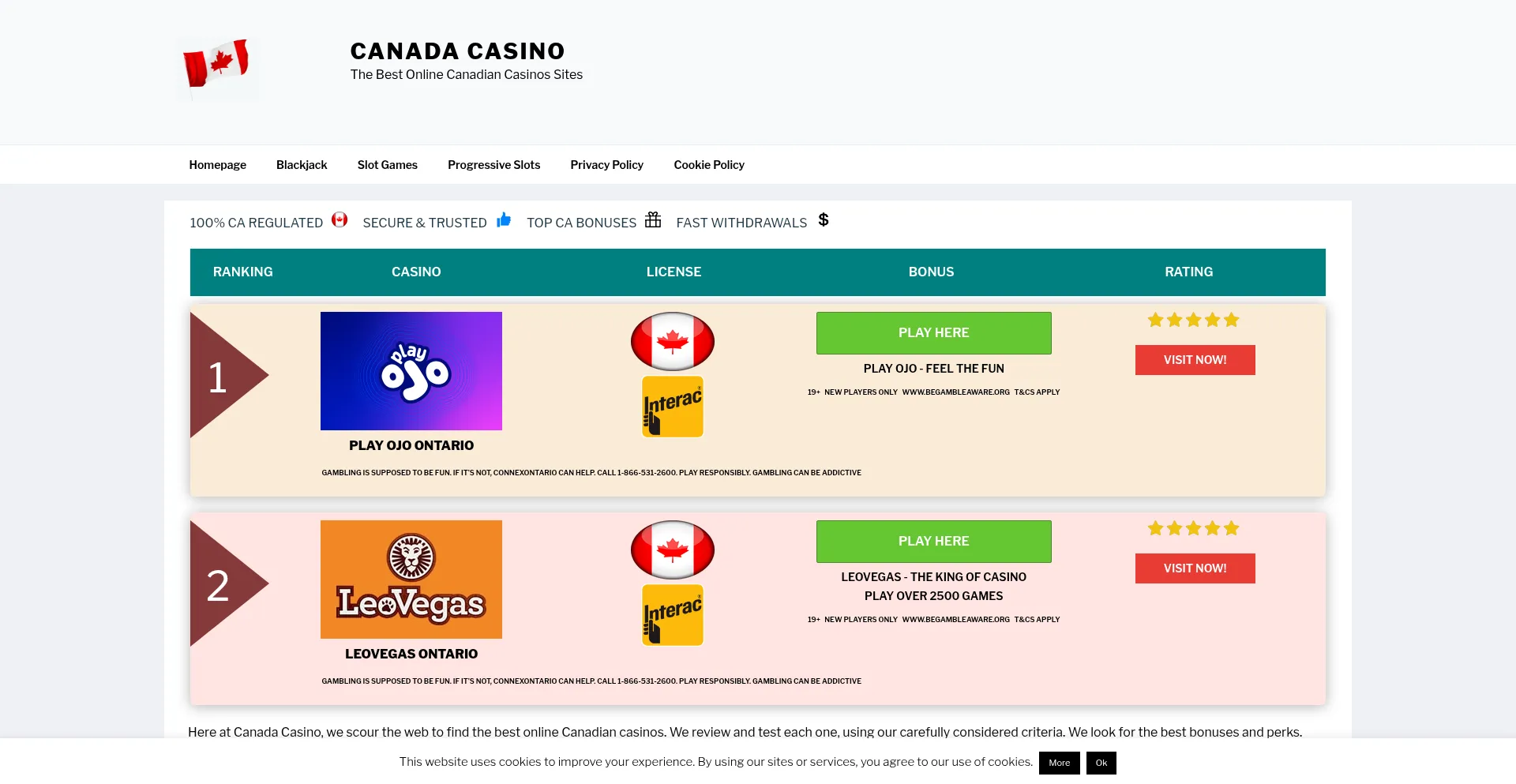 Website screenshot of Canadas.casino