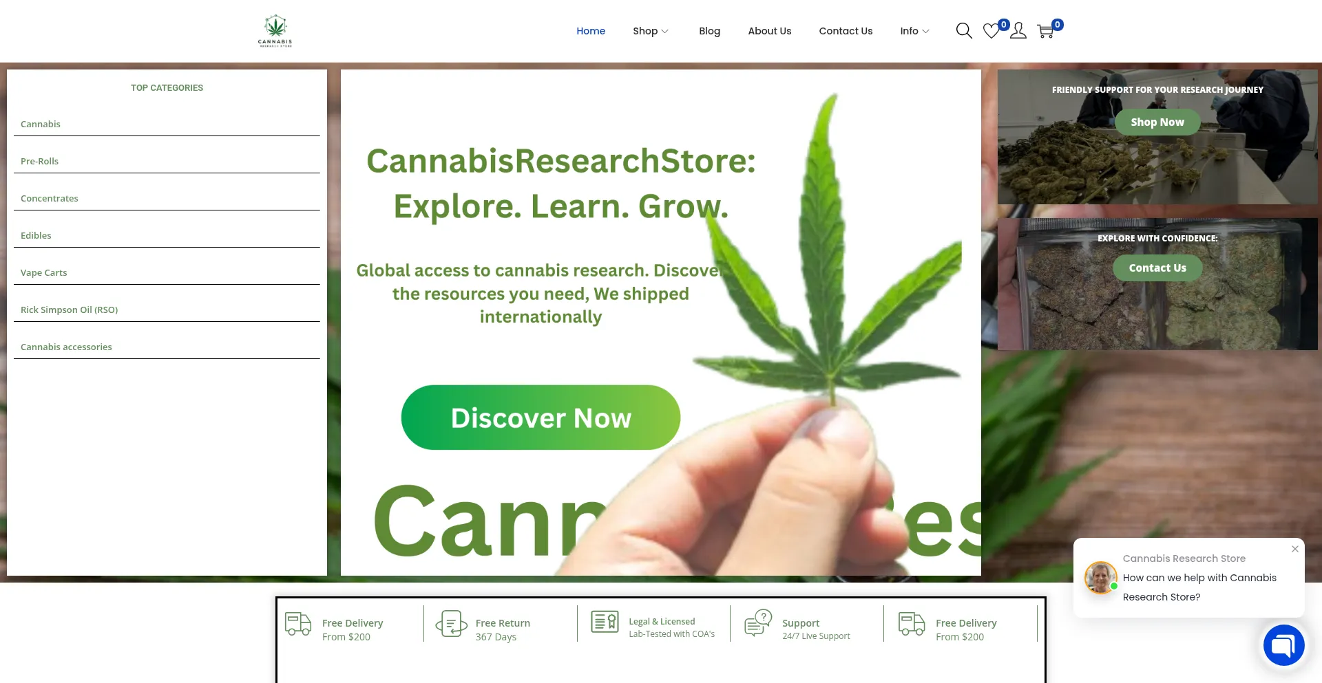 Website screenshot of Cannabisresearchstore.com