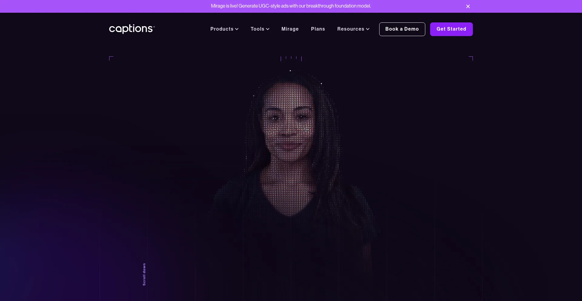 Website screenshot of Captions.ai