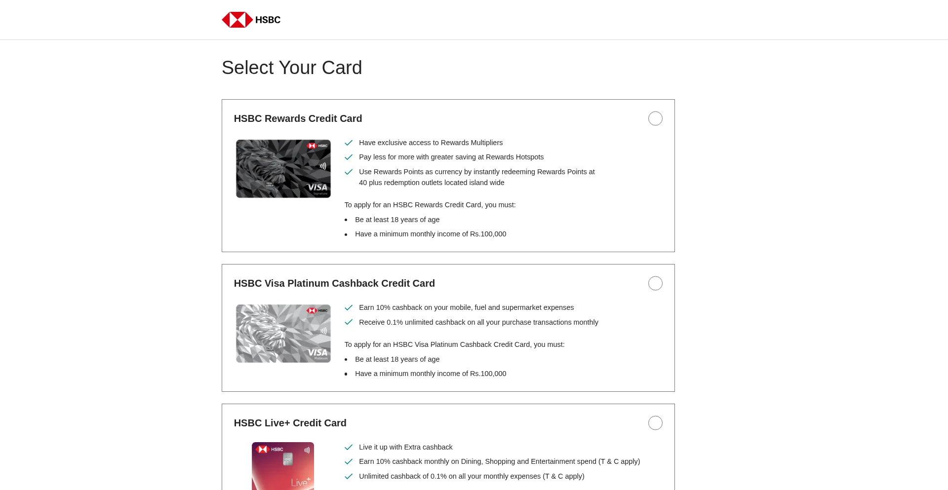 Website screenshot of Cardapply.hsbc.lk